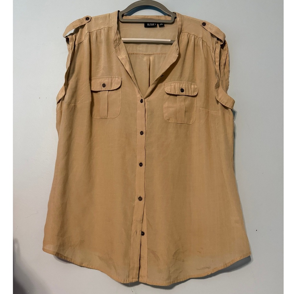ana A New Approach Women's 1X Tan Sleeveless Utility Button Down Blouse 2042